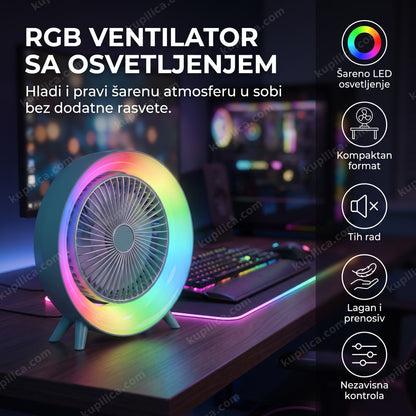 RGB stoni ventilator sa šarenim osvetljenjem na radnom stolu uveče, benefiti proizvoda