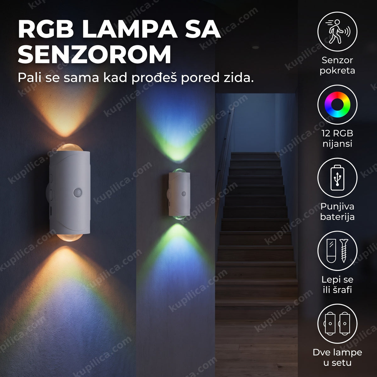 Dve bele RGB zidne lampe sa senzorom pokreta na zidu hodnika noću, benefiti proizvoda