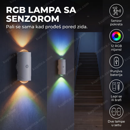 Dve bele RGB zidne lampe sa senzorom pokreta na zidu hodnika noću, benefiti proizvoda