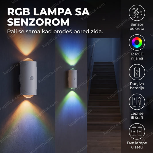 Dve bele RGB zidne lampe sa senzorom pokreta na zidu hodnika noću, benefiti proizvoda