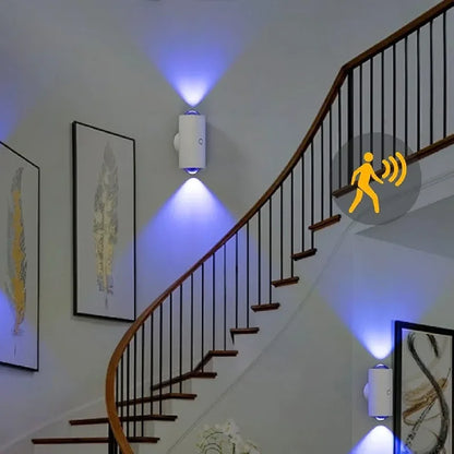 zidna lampa sa senzorom pokreta i plavim led svetlom pored spiralnog stepeništa