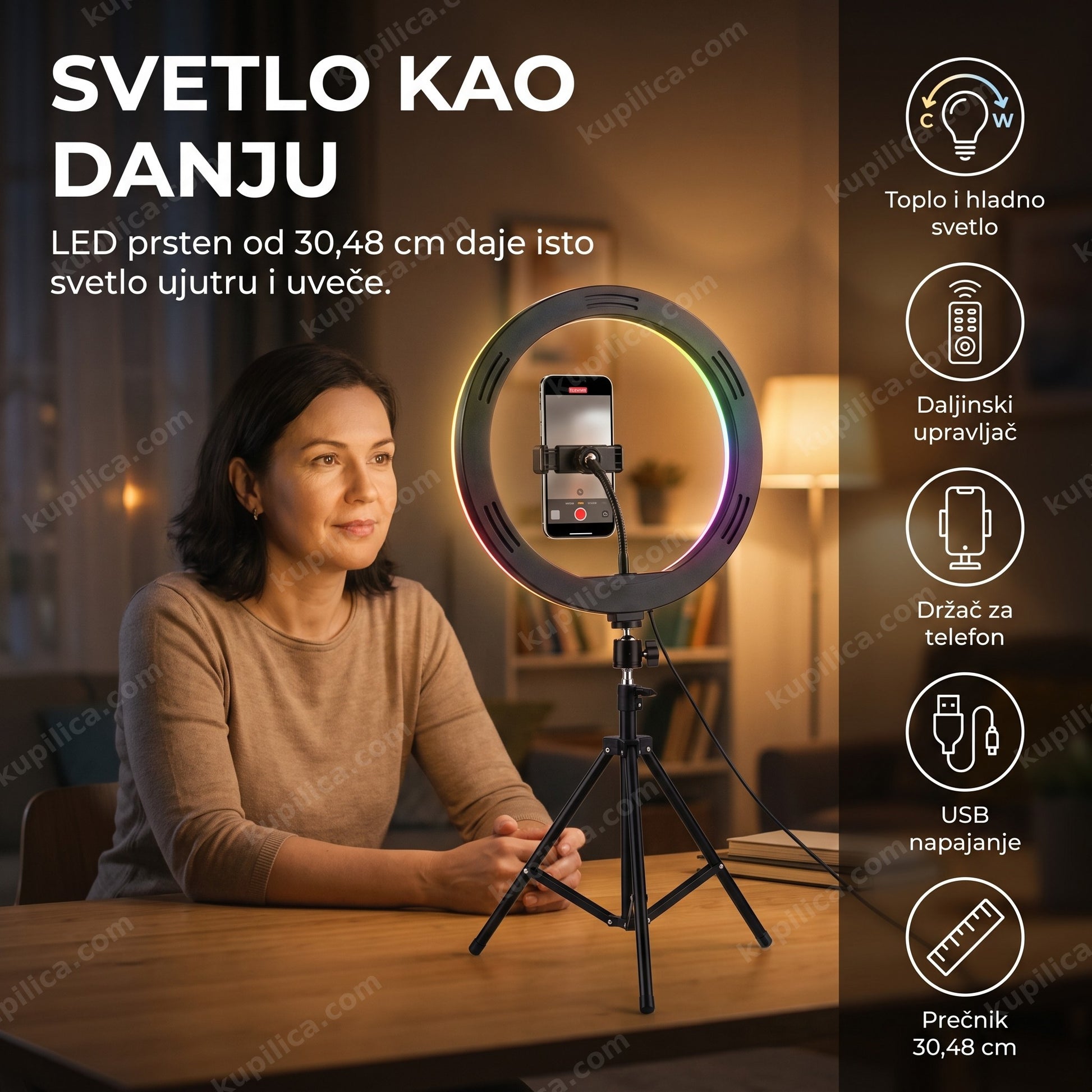 Ring Light MJ30 30,48 cm sa telefonom u držaču u centru prstena