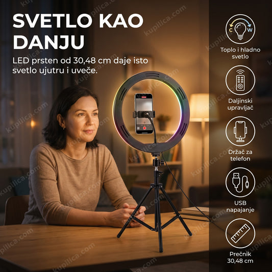 Ring Light MJ30 30,48 cm sa telefonom u držaču u centru prstena