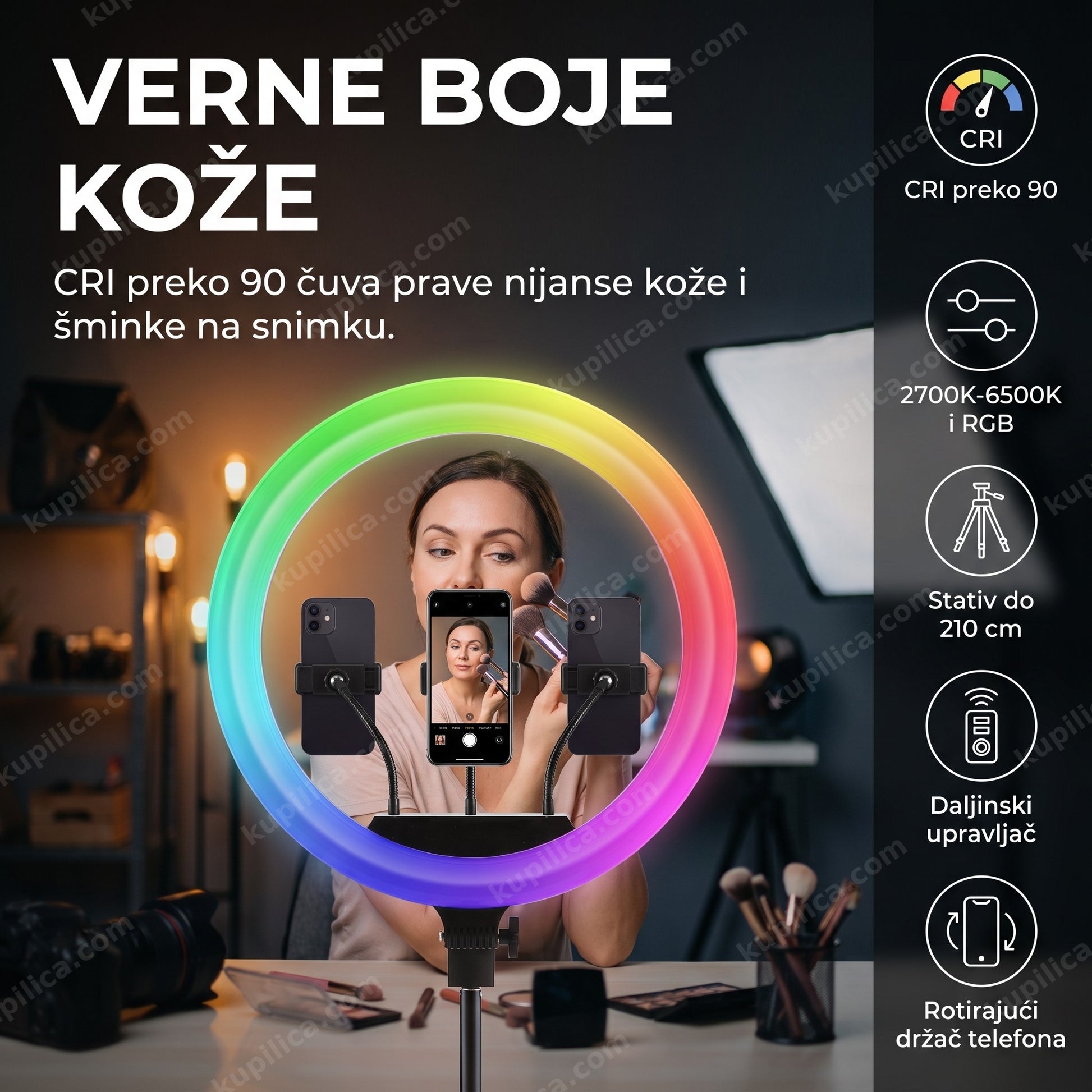 Ring Light MJ45 45,72 cm na stativu od 210 cm sa telefonom u držaču