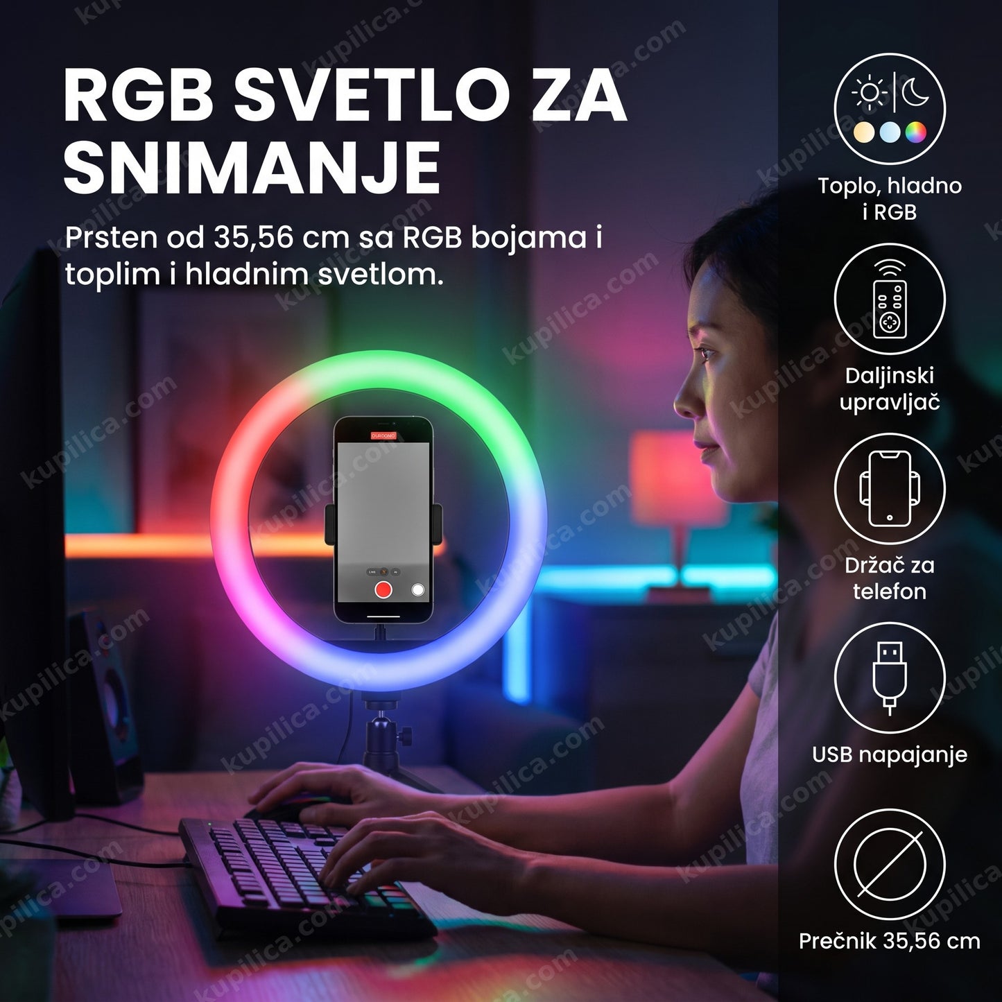 Ring Light MJ36 35,56 cm sa RGB osvetljenjem i telefonom u držaču