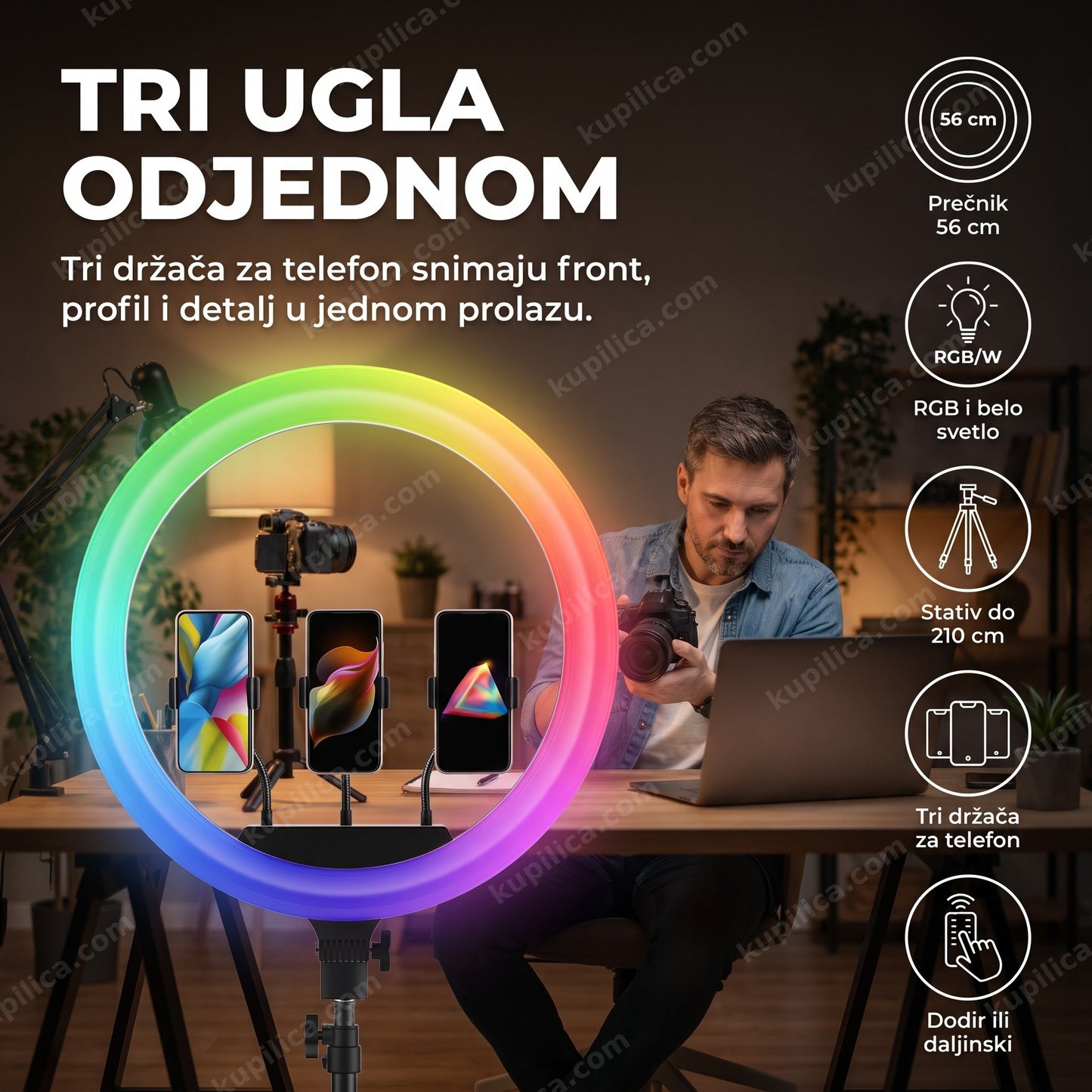 Ring Light MJ56 56 cm sa tri držača za telefon na stativu od 210 cm