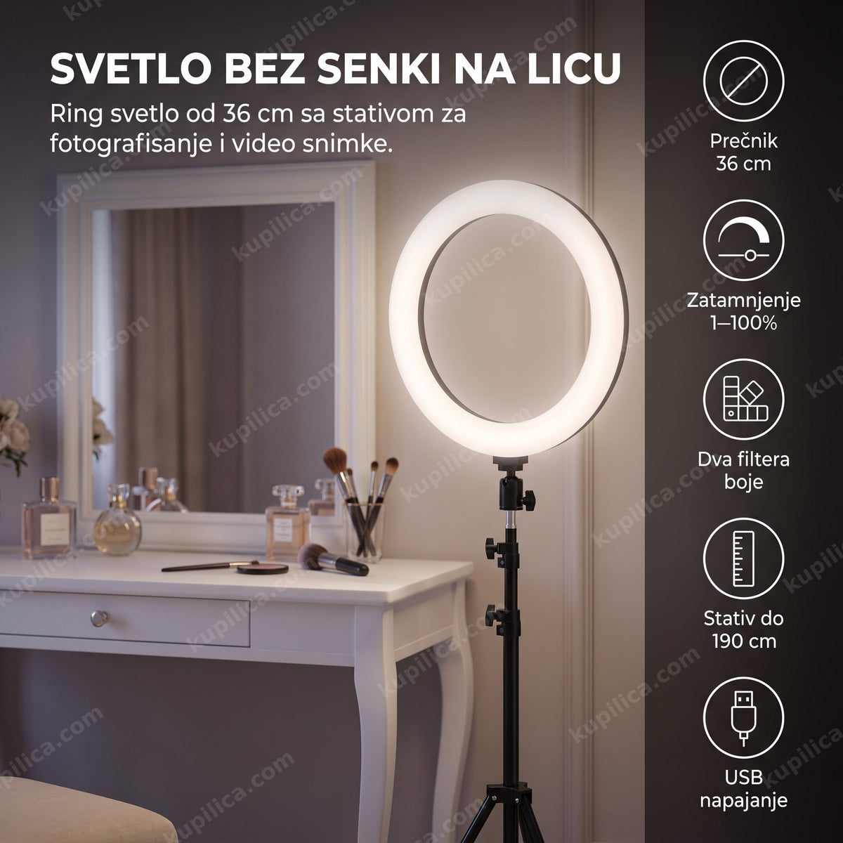 ring svetlo sa stativom pored toaletnog stočića u spavaćoj sobi