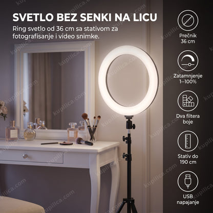 ring svetlo sa stativom pored toaletnog stočića u spavaćoj sobi