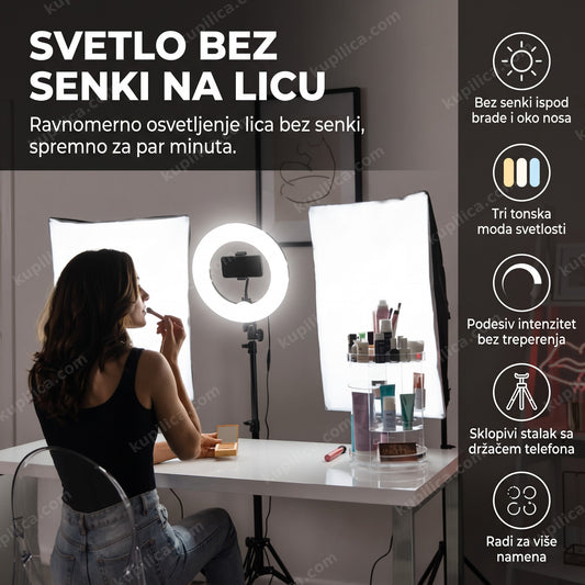 ring svetlo za šminkanje i slikanje sa stalkom osvetljava lice žene za toaletnim stočićem, benefiti proizvoda