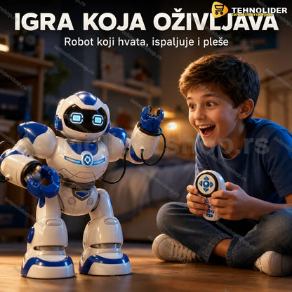 robot igračka sa hvataljkama u belo-plavoj boji sa LED očima