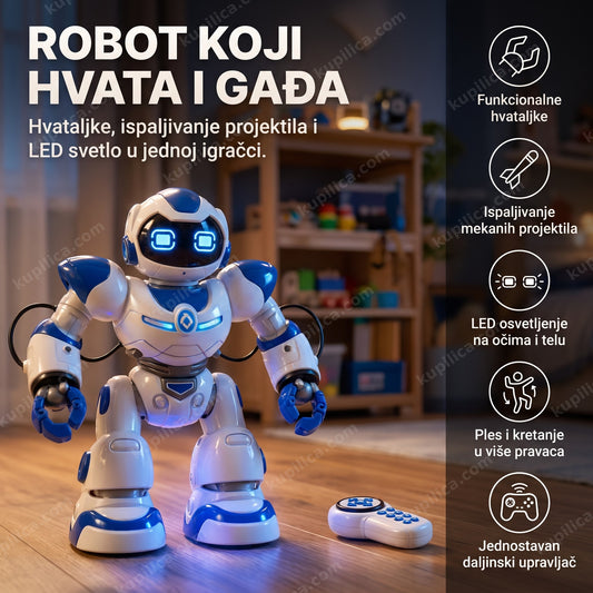 Belo-plavi robot igračka sa hvataljkama i LED očima na podu sobe, benefiti proizvoda