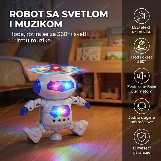 robot igračka sa svetlom i muzikom u dečjoj sobi sa prikazom benefita proizvoda