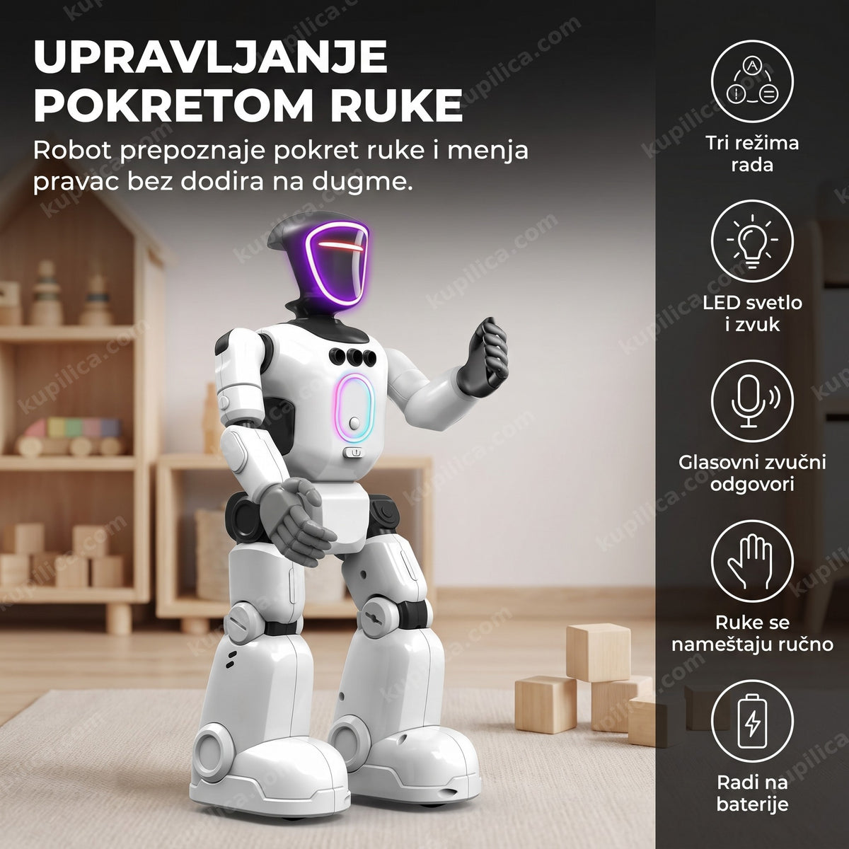 robot na daljinsko upravljanje sa ljubičastim vizirom i podignutom rukom u dečjoj sobi