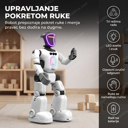 robot na daljinsko upravljanje sa ljubičastim vizirom i podignutom rukom u dečjoj sobi