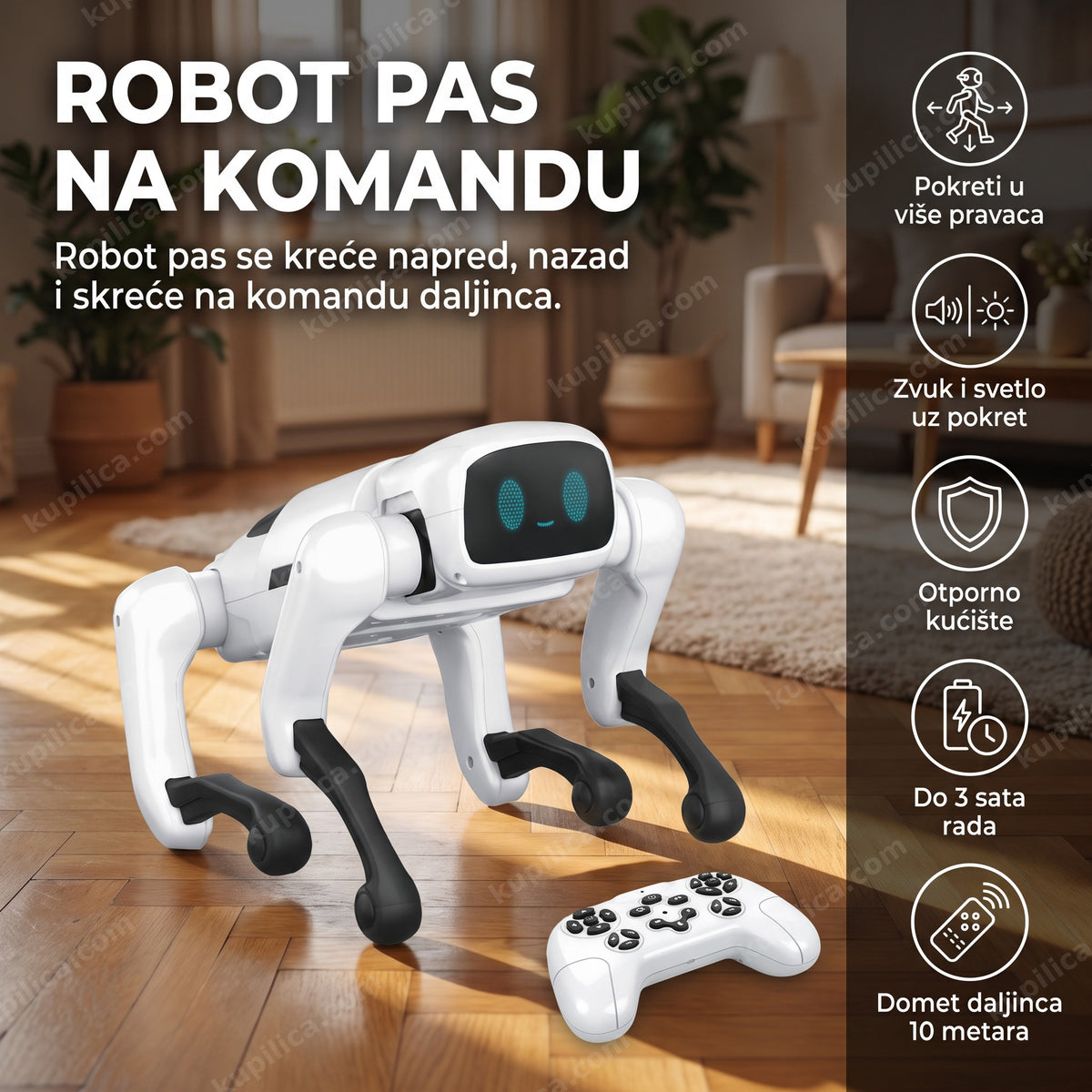 Robot pas na daljinsko upravljanje na parketu dnevne sobe, benefiti proizvoda