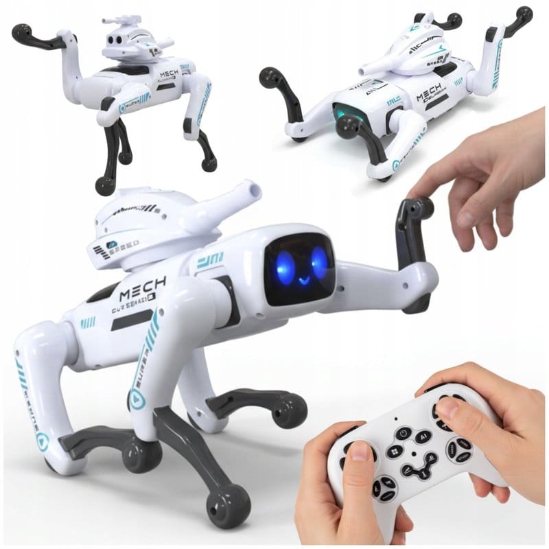 robot pas u četiri poze uz kontroler u ruci korisnika