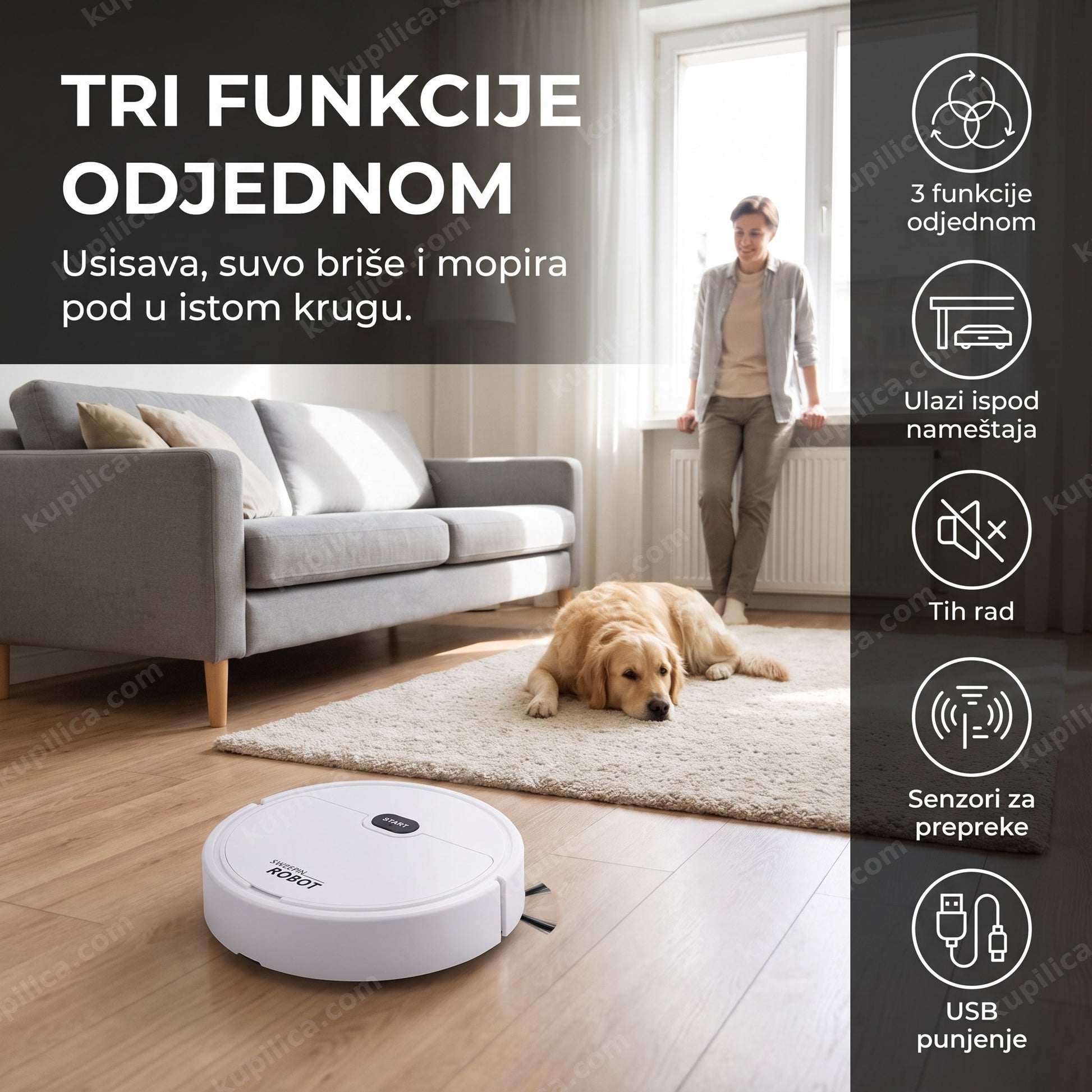 Robot usisivač 3 u 1 NO.020 čisti pod pored psa u dnevnoj sobi