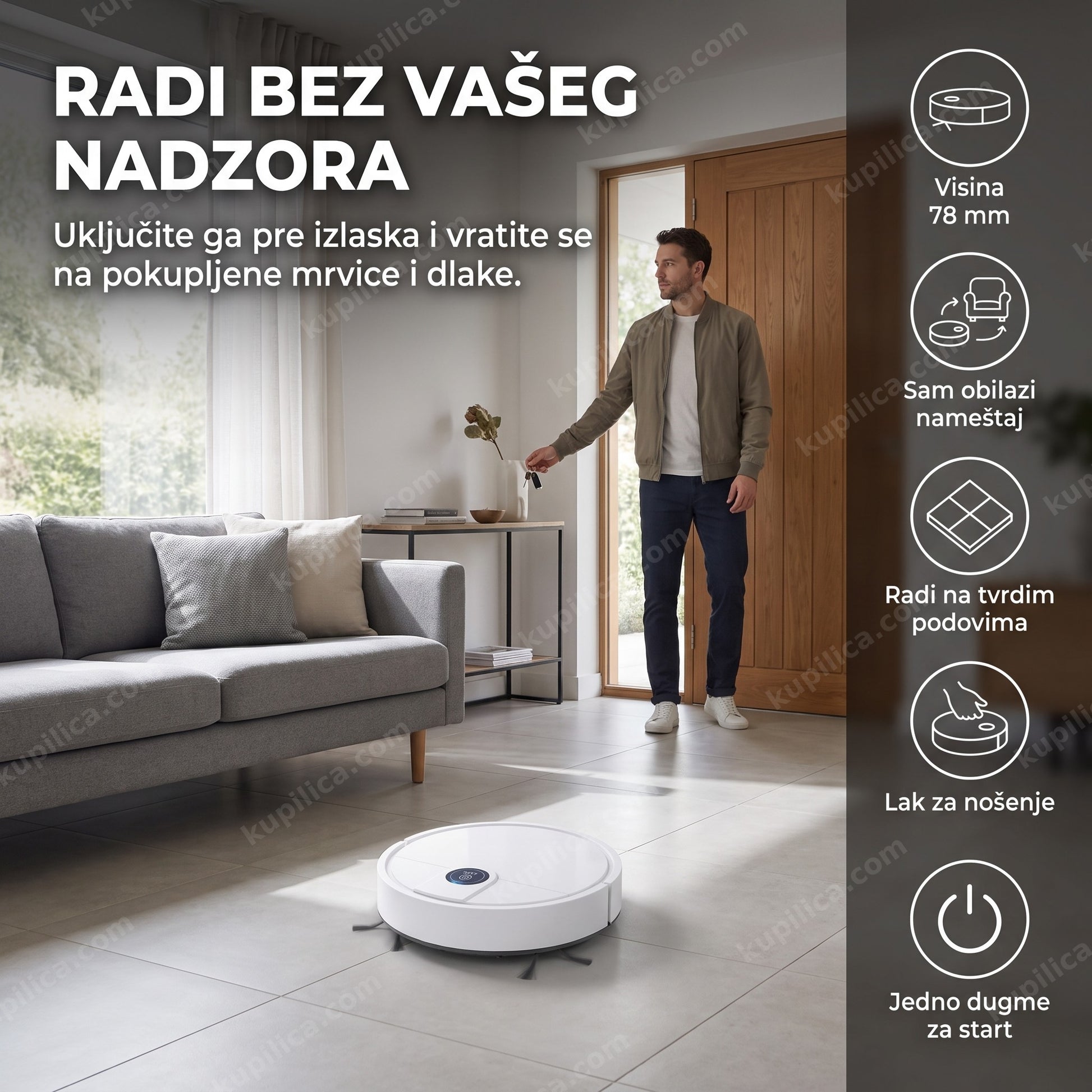robot usisivač P30 — radi dok ste van kuće, visina 78 mm, automatski obilazi nameštaj