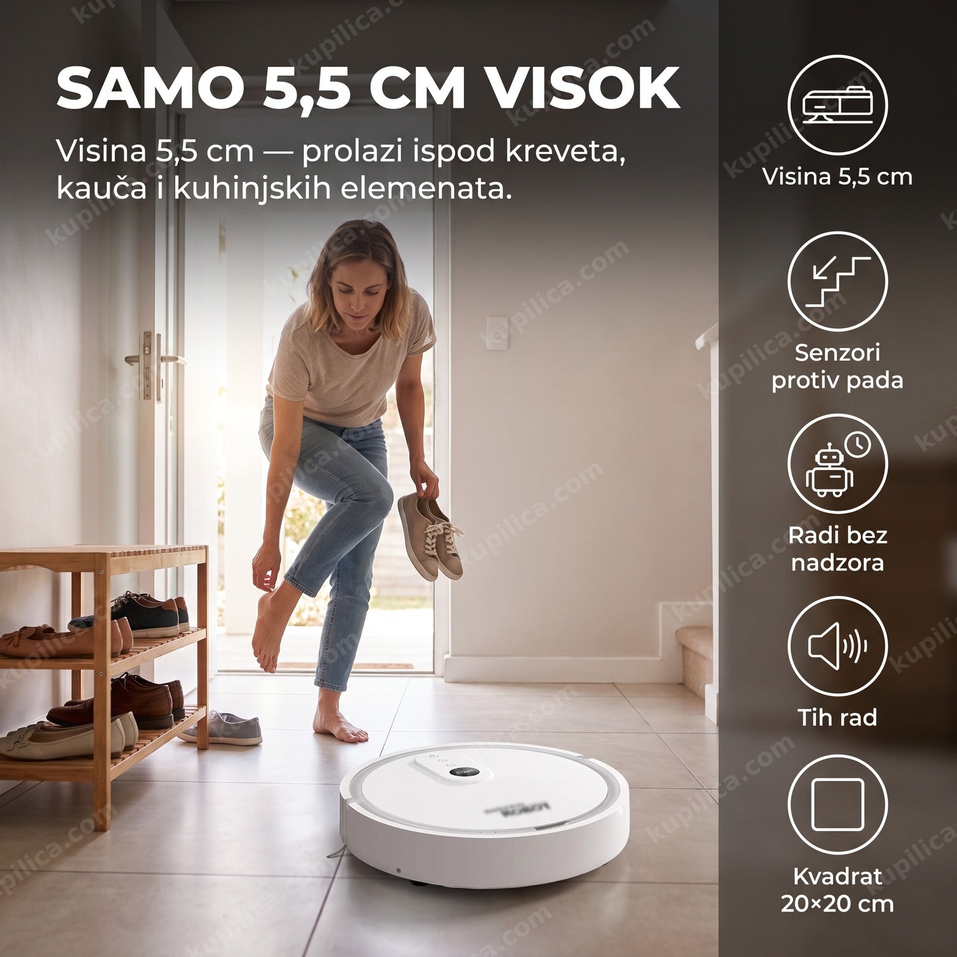 robot usisivač R520 — visina samo 5,5 cm, čisti hodnik i ulazna vrata, radi bez nadzora