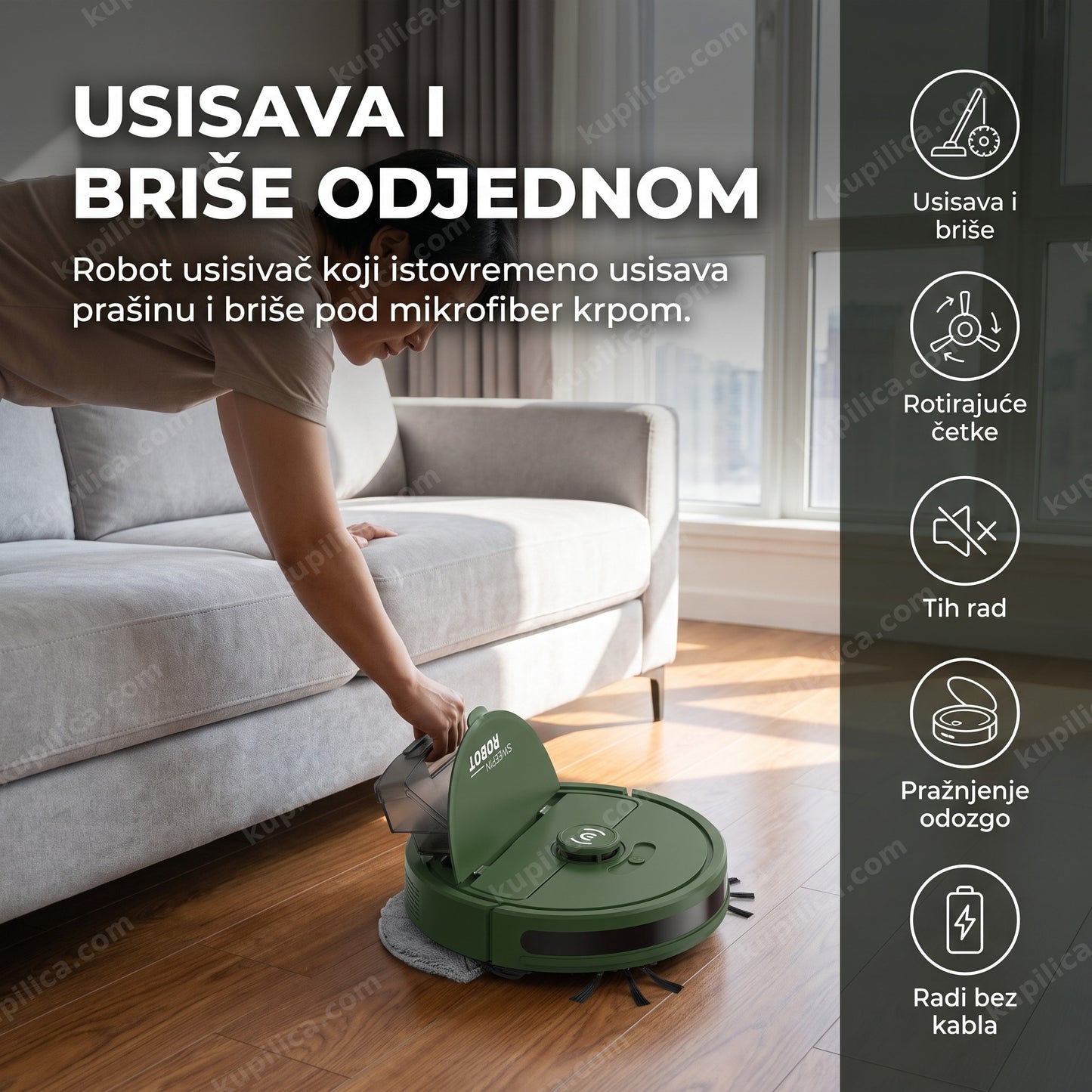 Mini robot usisivač sa krpom za brisanje, zeleni — odrasla osoba prazni posudu za prašinu dok robot čisti pod dnevne sobe