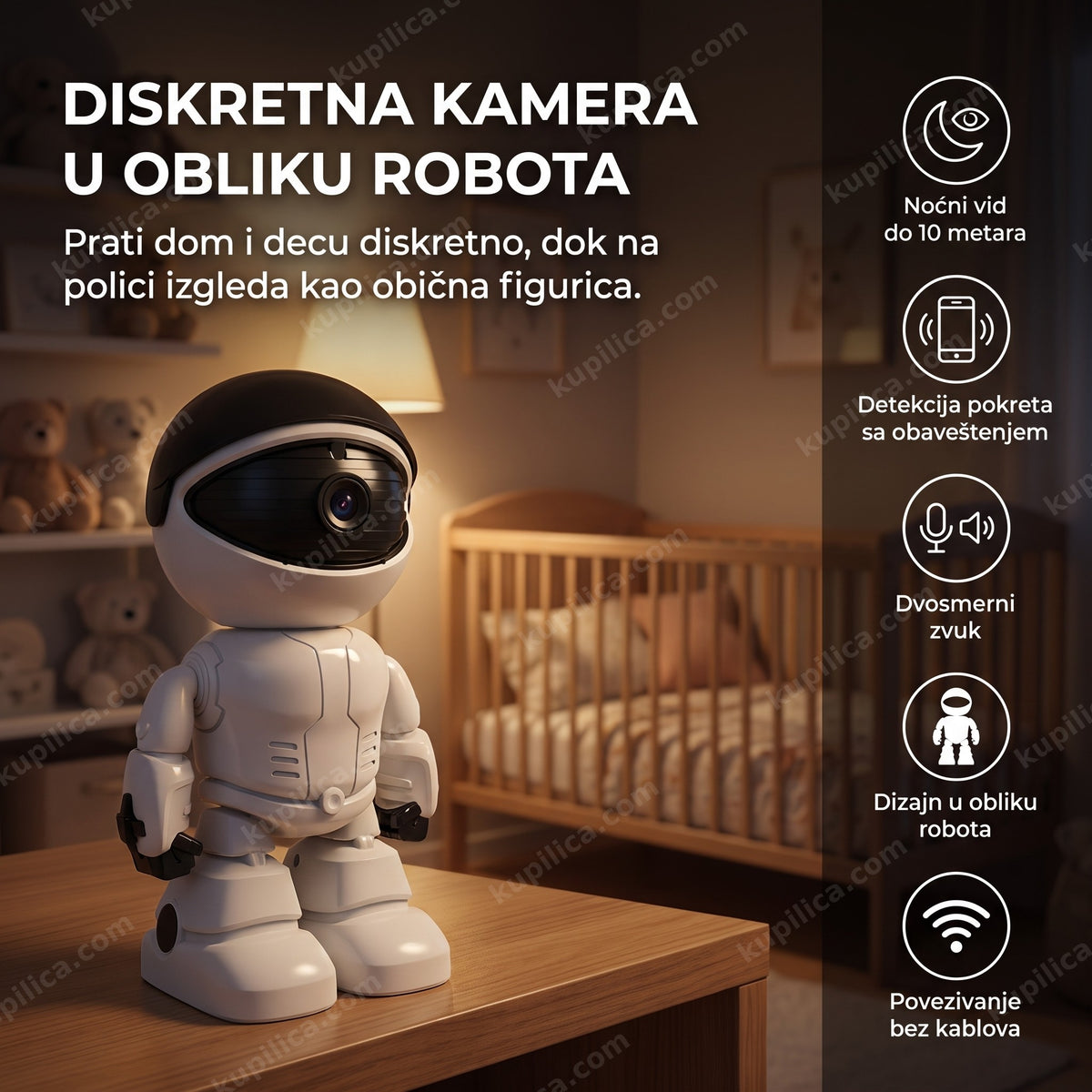 robot wifi kamera za kuću na polici u dečijoj sobi, benefiti proizvoda
