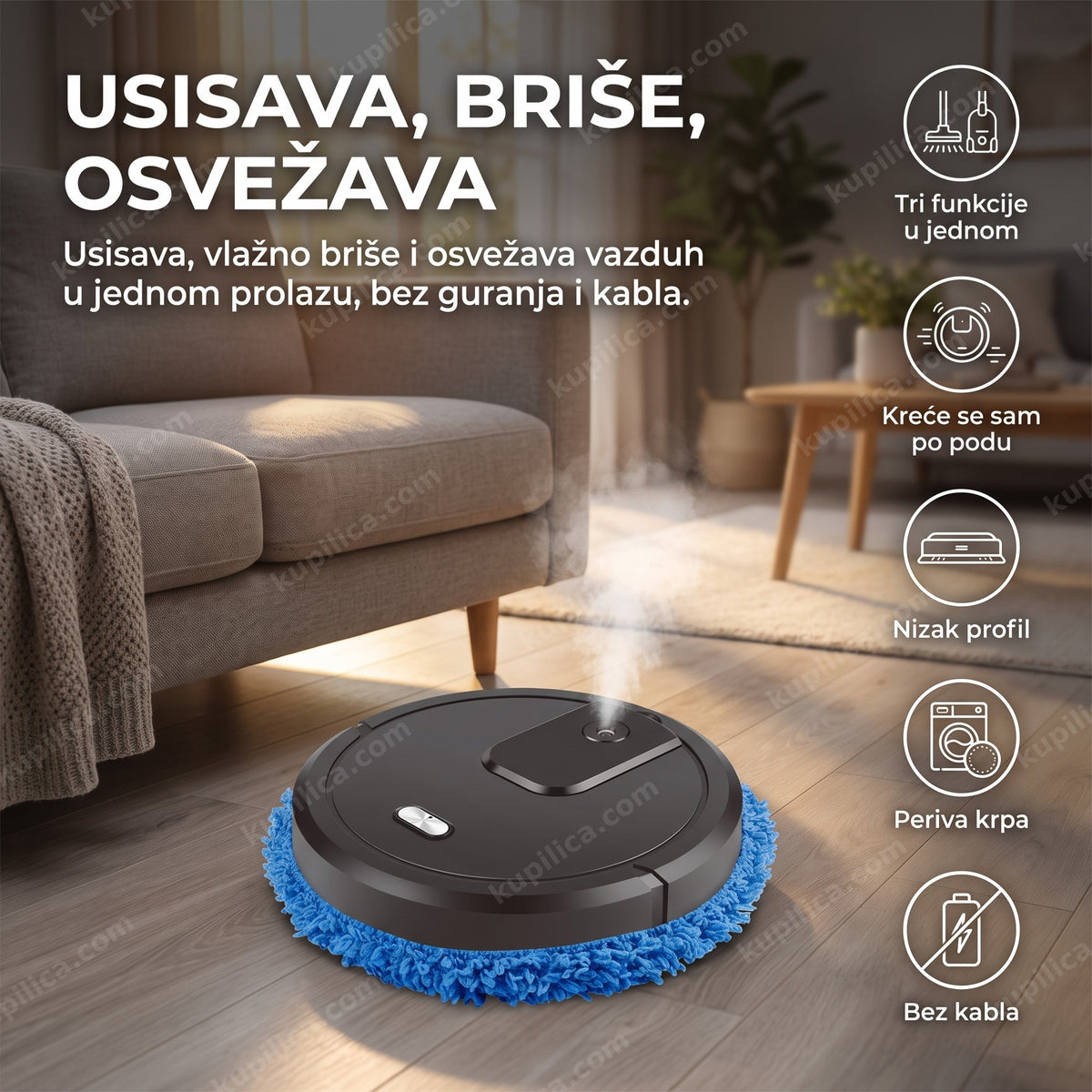 robot za pranje podova sa ovlaživačem vazduha u realnom ambijentu upotrebe, benefiti proizvoda