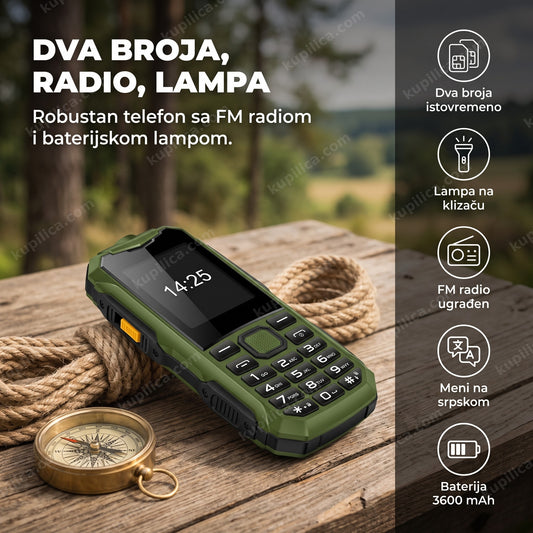 Robusni zeleni mobilni telefon sa FM radiom na drvenom stolu, benefiti proizvoda