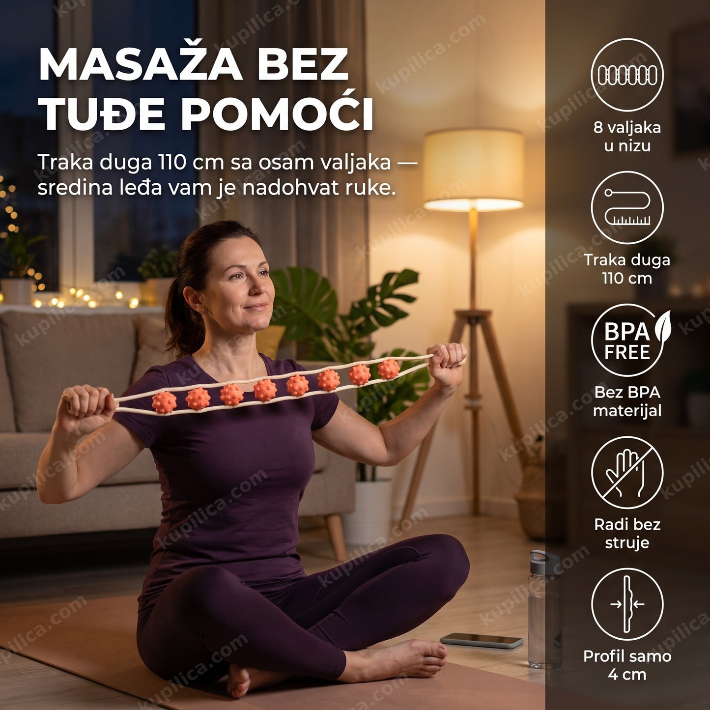 roler masažer sa 8 valjaka — žena sama masira vrat i ramena kod kuće, traka duga 110 cm