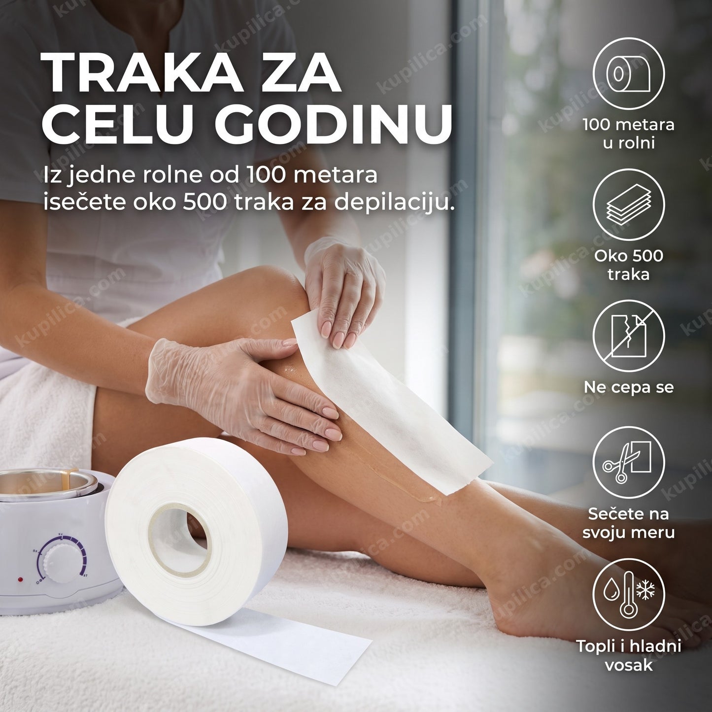 rolna papira za depilaciju 100m x 7cm — kozmetičarka priprema traku za vosak u salonu, oko 500 traka po rolni