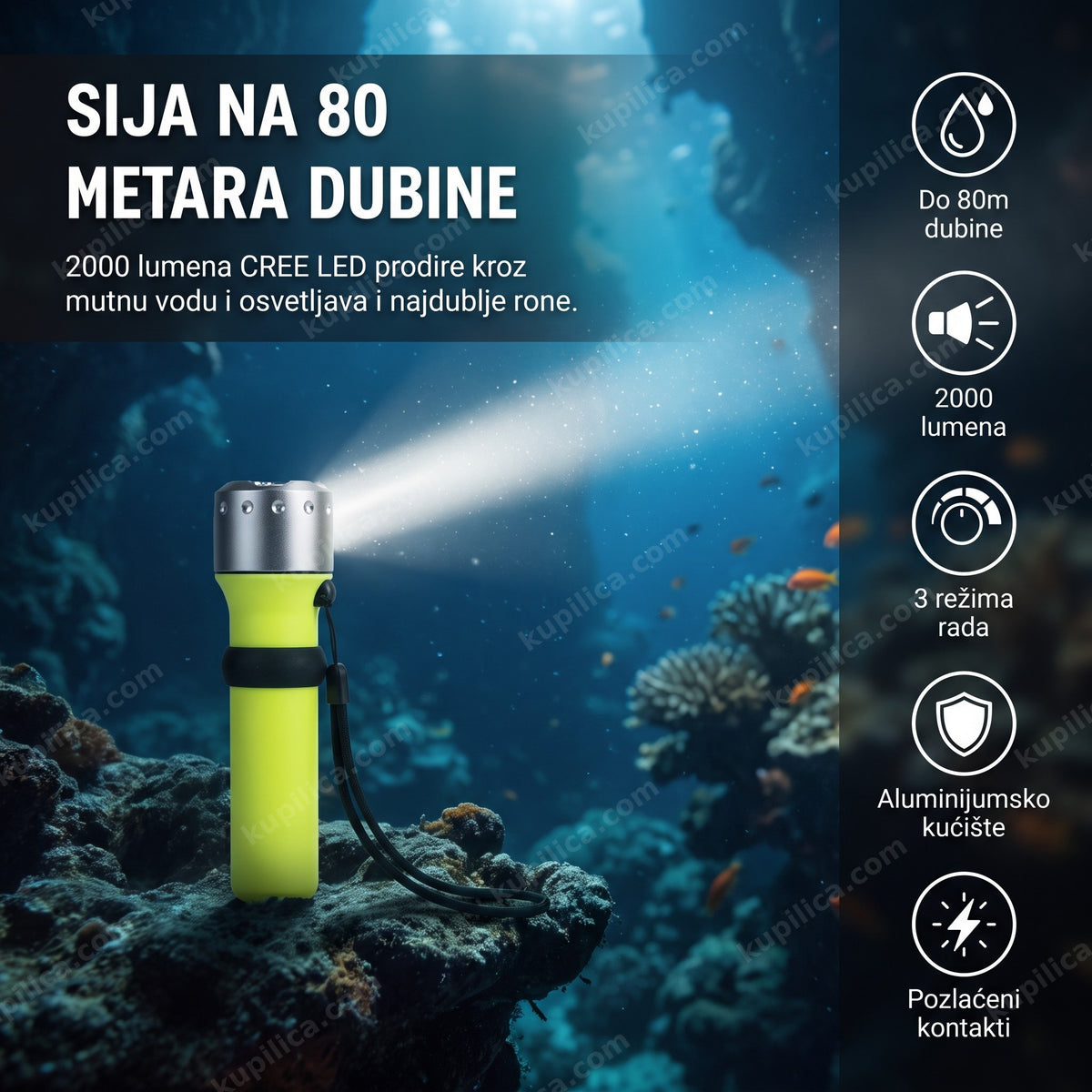 ronilačka lampa vodootporna do 80m na steni kraj koralnog grebena