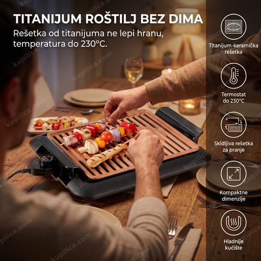 Ruke odraslih pripremaju meso na roštilju bez dima za trpezarijskim stolom