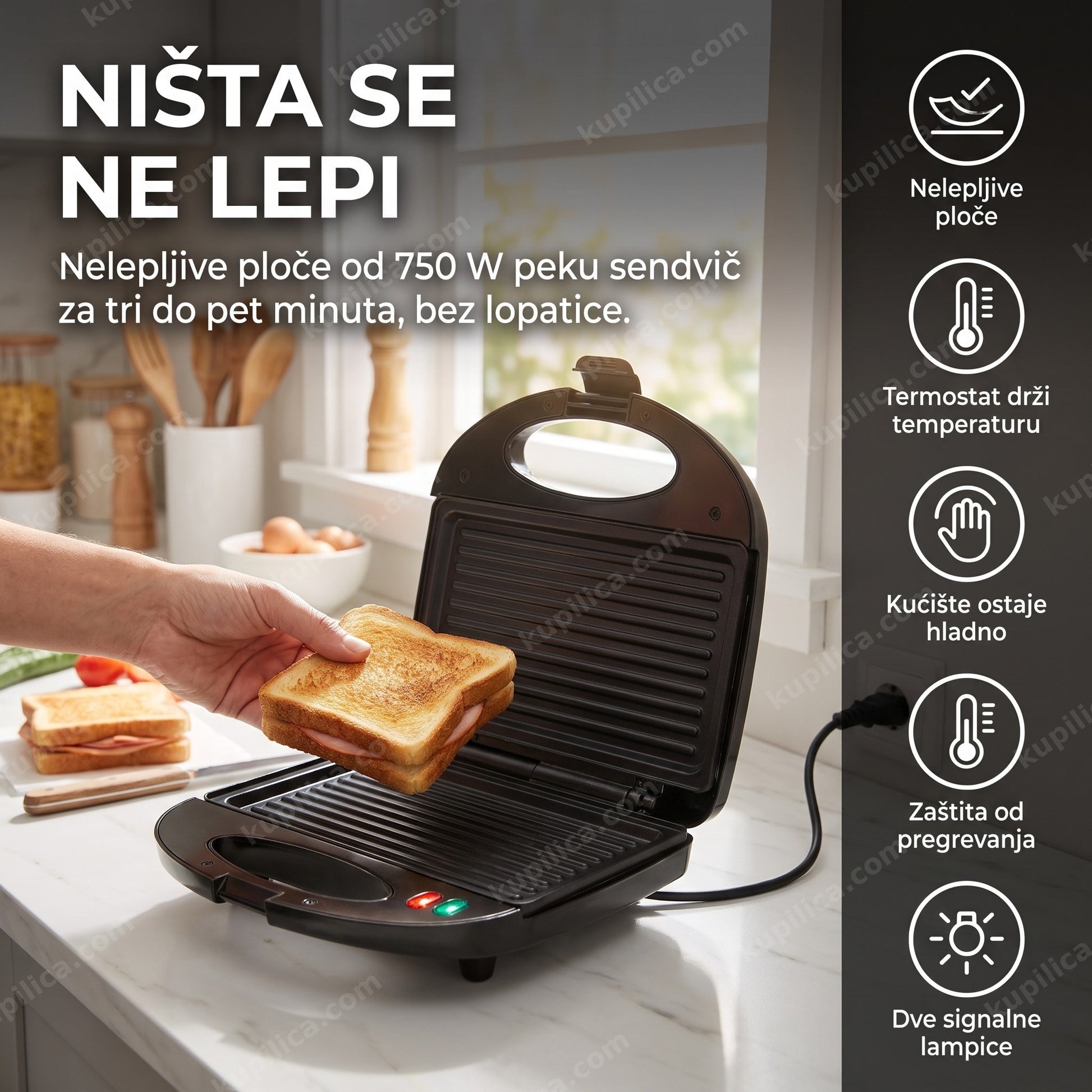 Osoba skida gotov sendvič sa električnog roštilj tostera u kuhinji