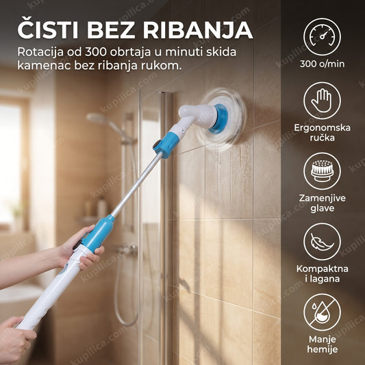 rotaciona četka za čišćenje kupatila u tuš kabini sa prikazom benefita proizvoda