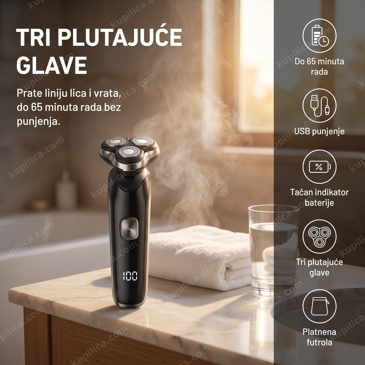 Rotacioni brijač sa tri plutajuće glave za brijanje lica i vrata