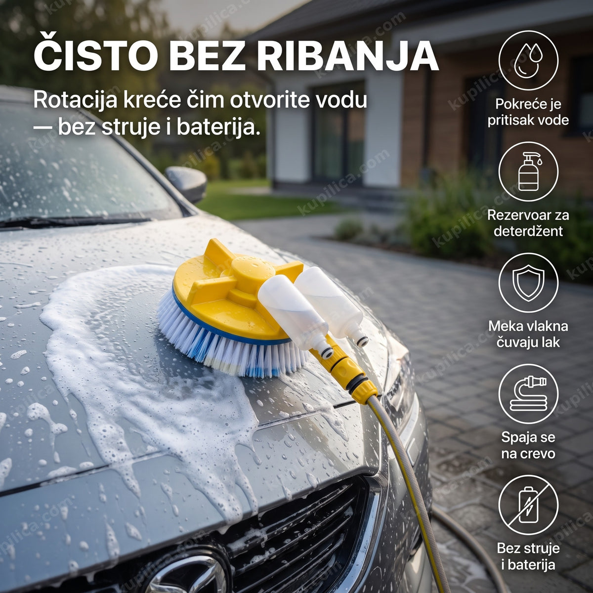 rotirajuća četka za pranje auta sa rezervoarom za deterdžent na haubi automobila