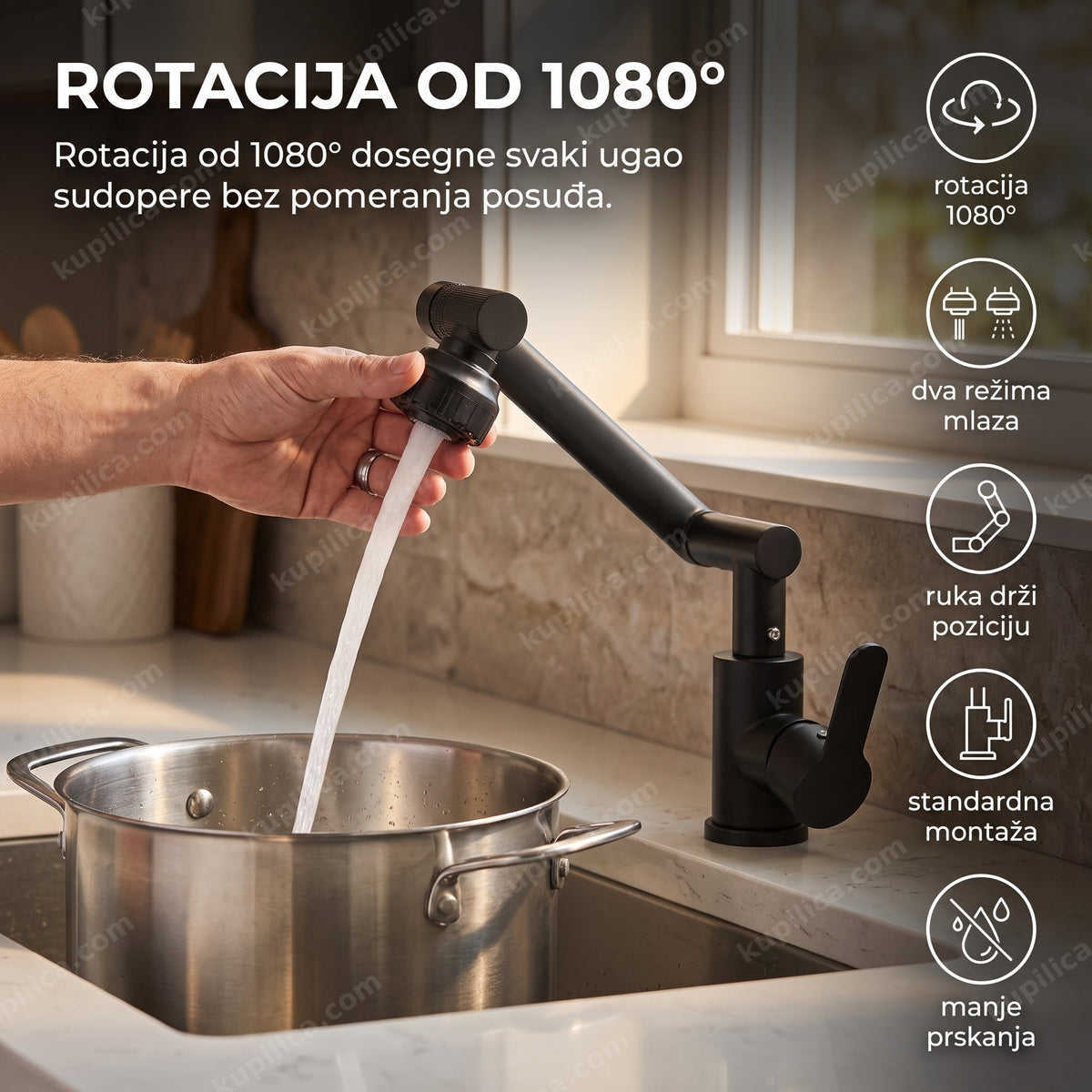 rotirajuća kuhinjska slavina 1080° u upotrebi na sudoperi, benefiti proizvoda