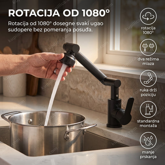 rotirajuća kuhinjska slavina 1080° u upotrebi na sudoperi, benefiti proizvoda
