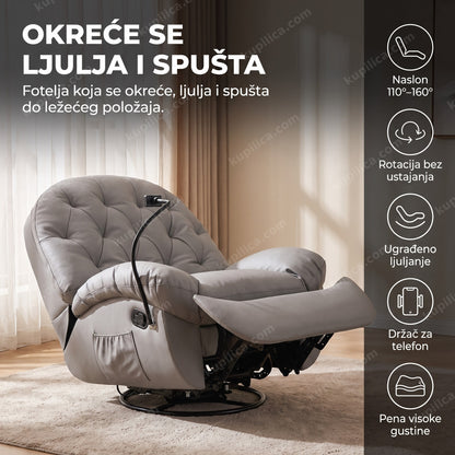 rotirajuća relax fotelja sa naslonom za ležanje u sivoj boji u dnevnoj sobi, benefiti proizvoda