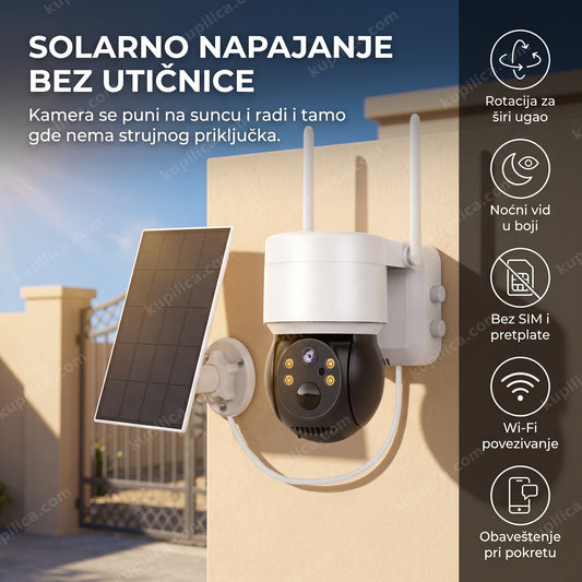bela rotirajuća solarna Wi-Fi kamera sa panelom montirana na spoljni zid kuće