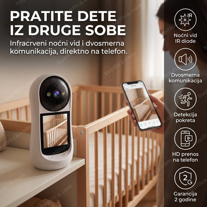 Rotirajuća Wi-Fi kamera baby monitor pored praznog krevetca za bebe, benefiti proizvoda