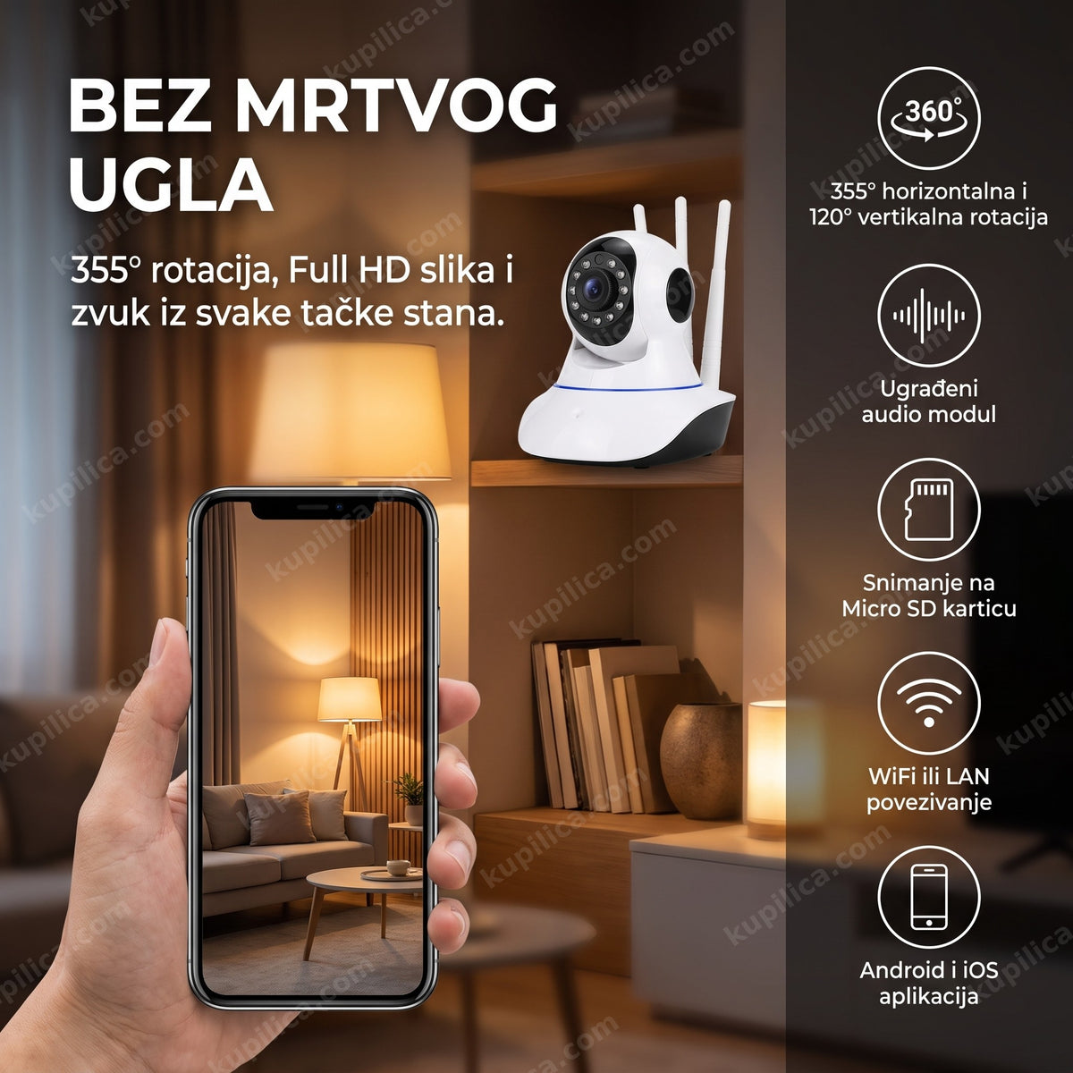 rotirajuća wifi kamera za stan 1080p postavljena u dnevnoj sobi, benefiti proizvoda