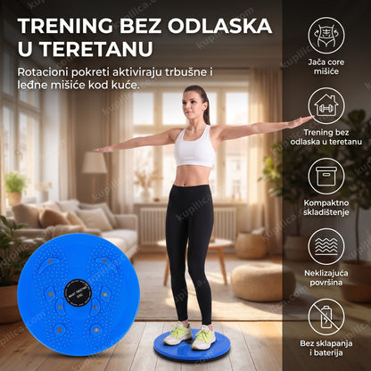 rotirajući disk za vežbanje plave boje dok žena vežba struk u dnevnoj sobi, benefiti proizvoda