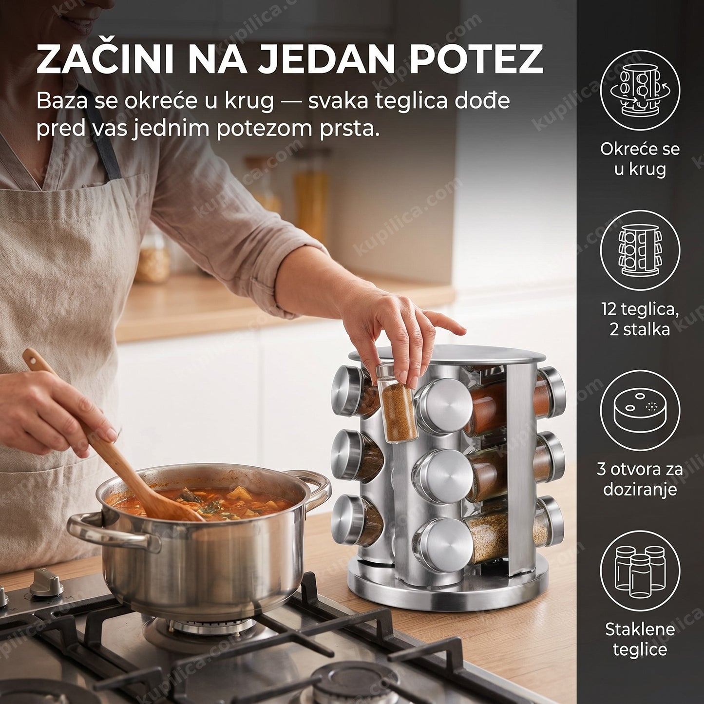 rotirajući držač za začine — set od 2 stalka sa 12 staklenih bočica, okreće se u krug u kuhinji