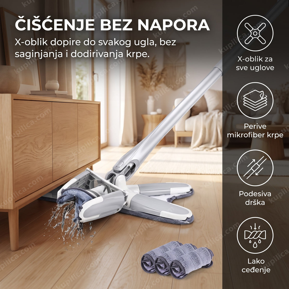 rotirajući x mop čistač na drvenom podu, benefiti proizvoda