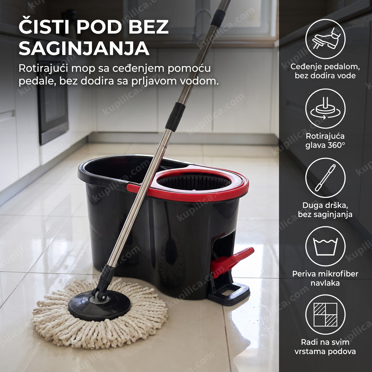 crna kanta i rotirajući mop sa ceđenjem pedalom na kuhinjskom podu, benefiti proizvoda