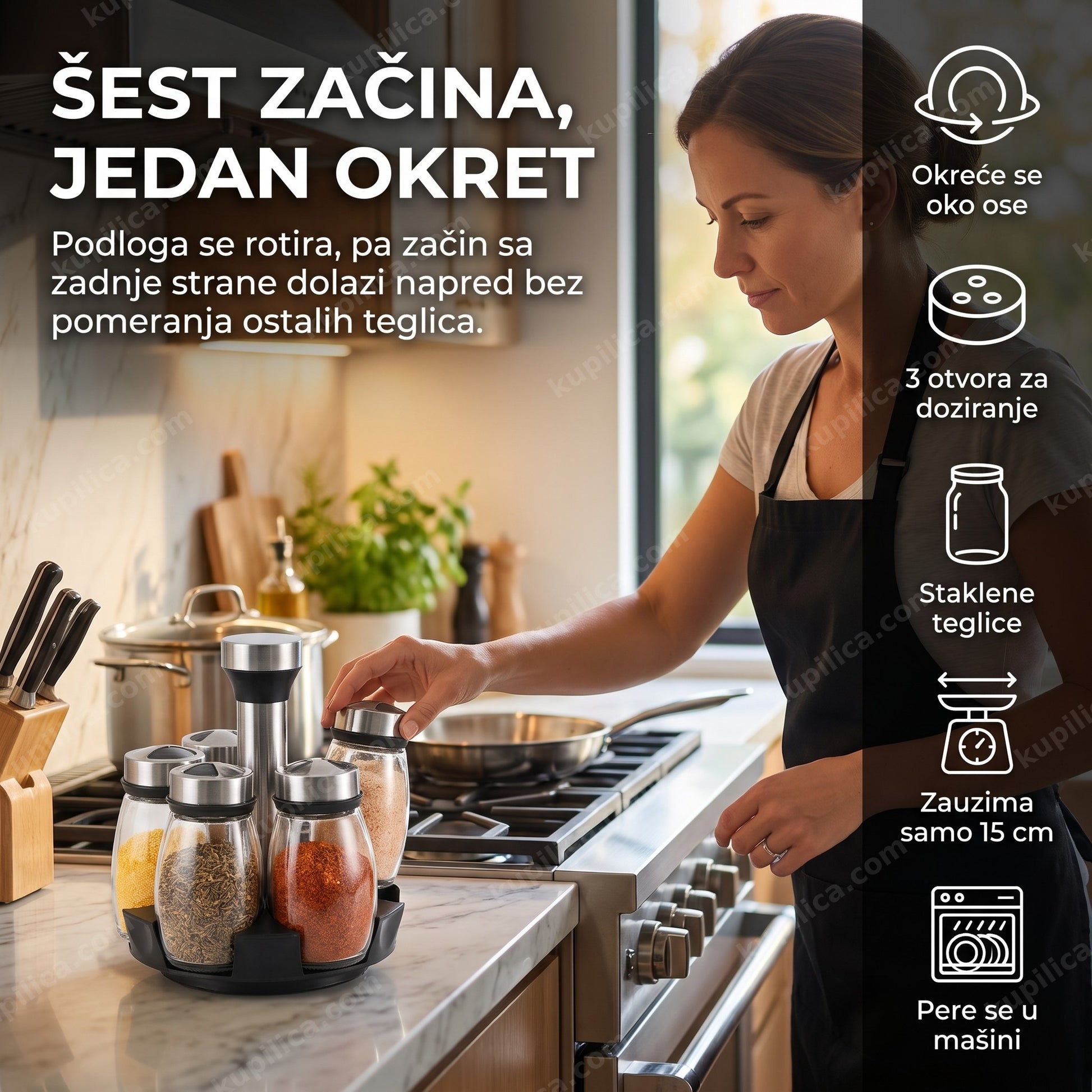rotirajući stalak za začine sa 6 staklenih teglica — kompaktan stalak od 16 cm pored šporeta