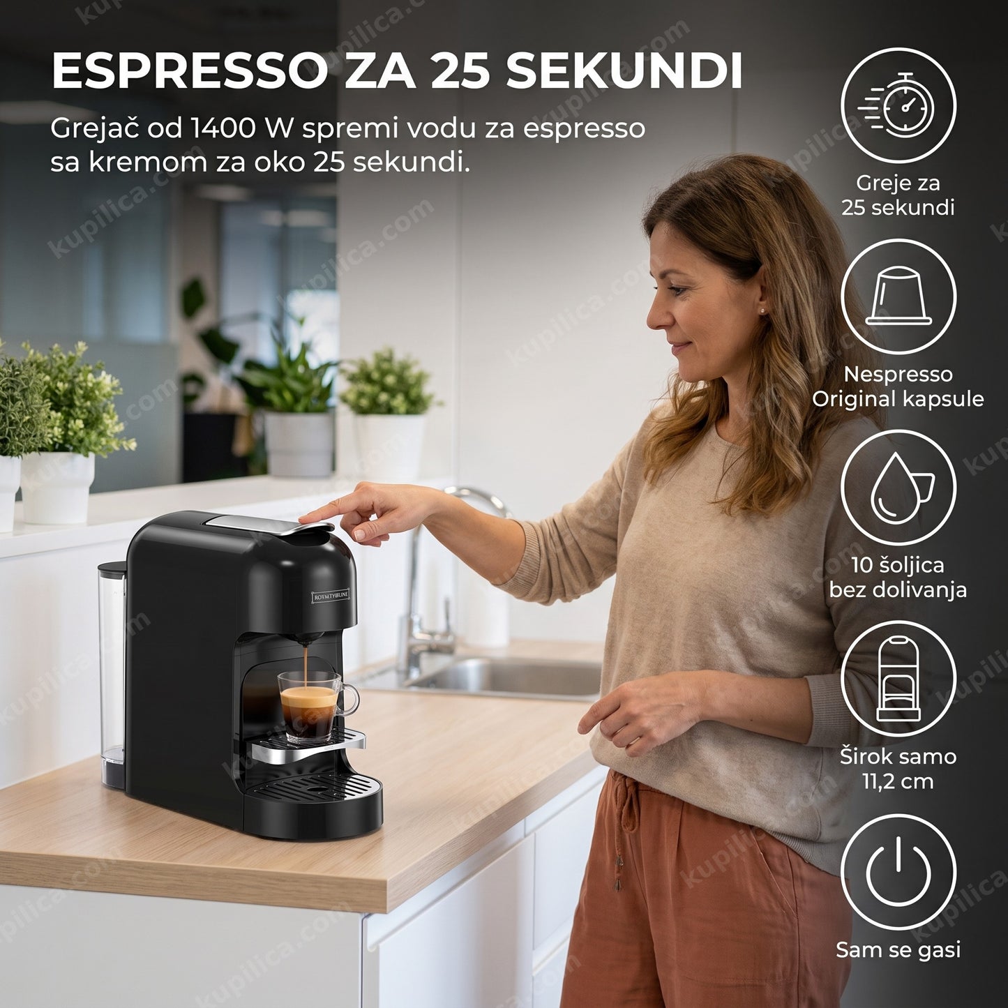 Royalty Line RLNES4702B aparat za kafu na kapsule — espresso sa kremom za 25 sekundi, radi sa Nespresso Original kapsulama