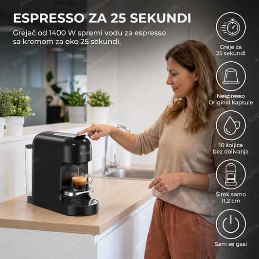 Royalty Line RLNES4702B aparat za kafu na kapsule — espresso sa kremom za 25 sekundi, radi sa Nespresso Original kapsulama