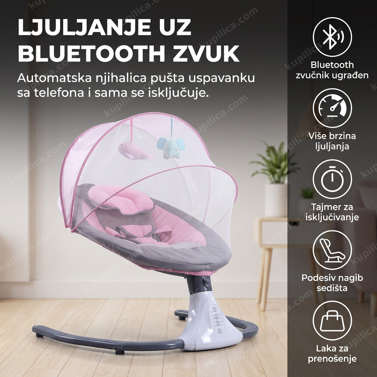 prazna roza električna njihalica za bebe sa mrežastim baldahinom u dečjoj sobi