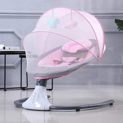 roze električna njihalica za bebe sa bluetoothom, providna mrežasta nadstrešnica i belo postolje